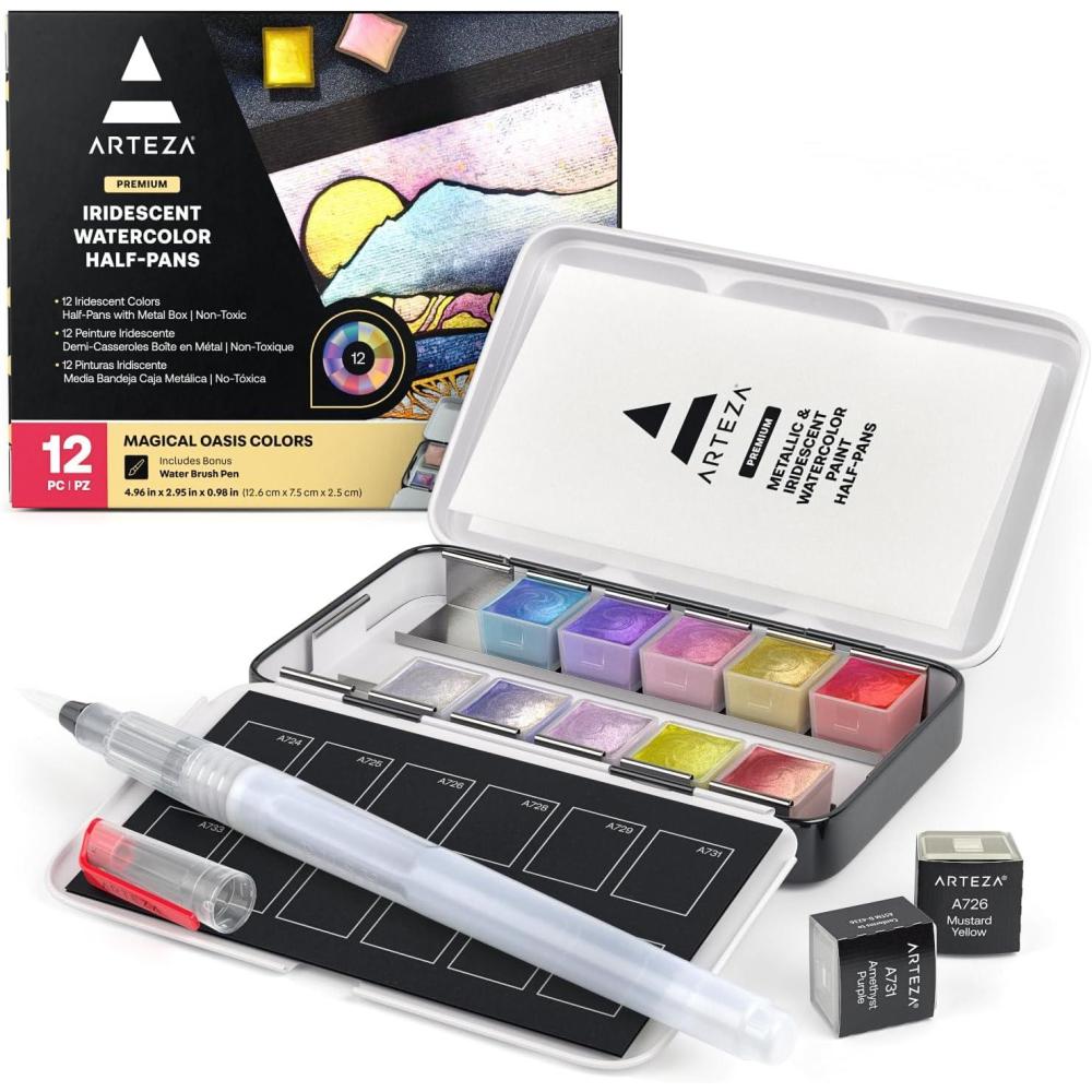ARTEZA Metallic Watercolor Paint Set 24 Colors, Shimmering Watercolors in Half Pans with Water Brush Pen & Tin Box, Luminous, High-Pigment Paints for Paper & Mixed Media, Holiday Gift for Artists(Iridescent  Set of 12)