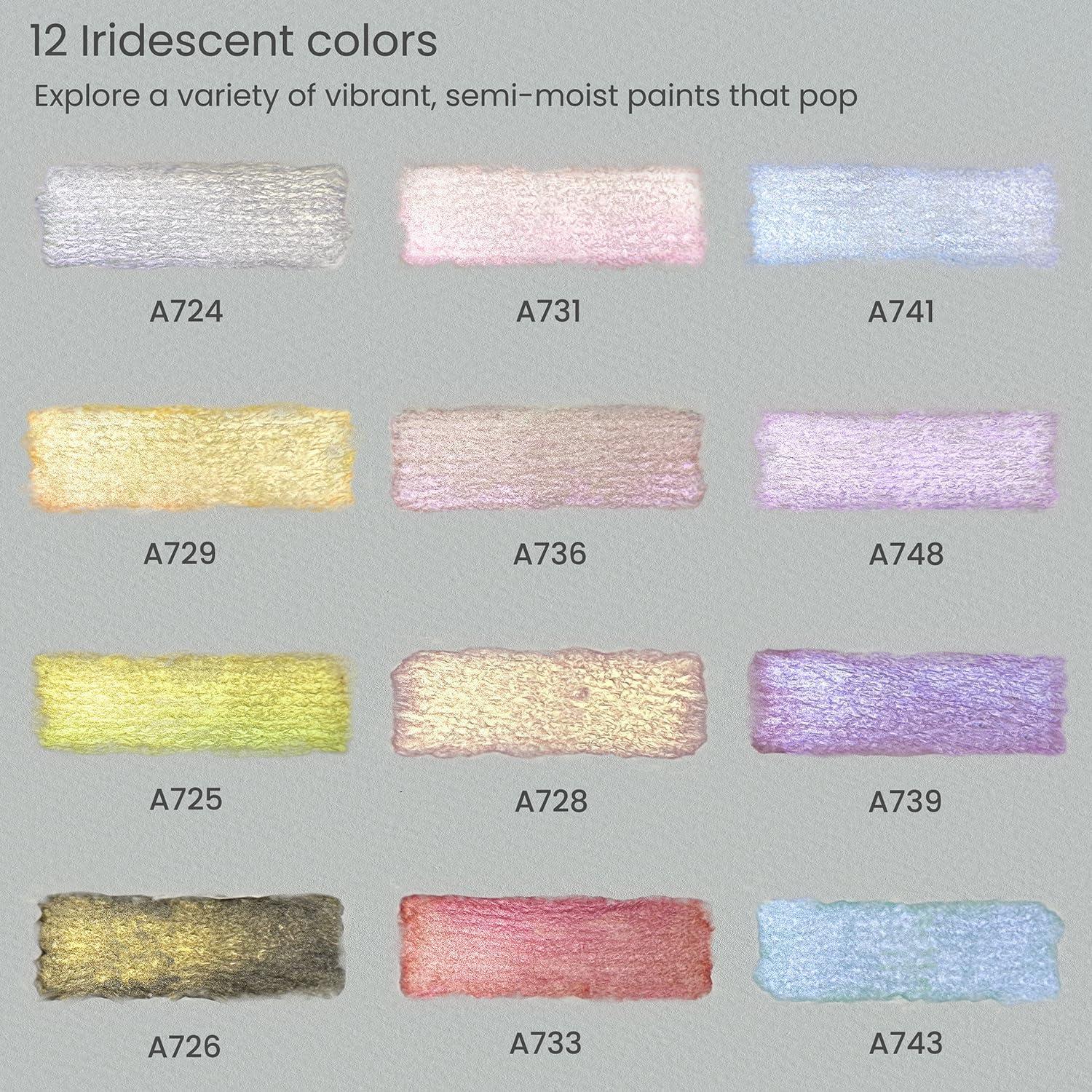 ARTEZA Metallic Watercolor Paint Set 24 Colors, Shimmering Watercolors in Half Pans with Water Brush Pen & Tin Box, Luminous, High-Pigment Paints for Paper & Mixed Media, Holiday Gift for Artists(Iridescent  Set of 12)