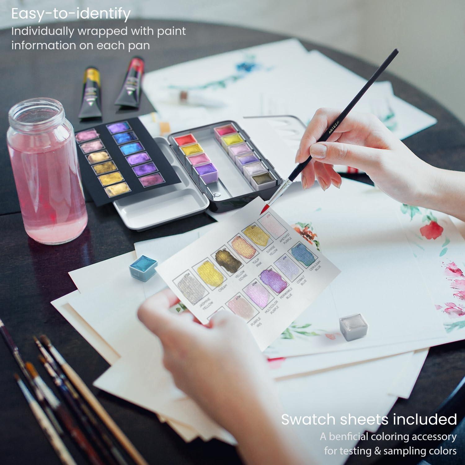 ARTEZA Metallic Watercolor Paint Set 24 Colors, Shimmering Watercolors in Half Pans with Water Brush Pen & Tin Box, Luminous, High-Pigment Paints for Paper & Mixed Media, Holiday Gift for Artists(Iridescent  Set of 12)