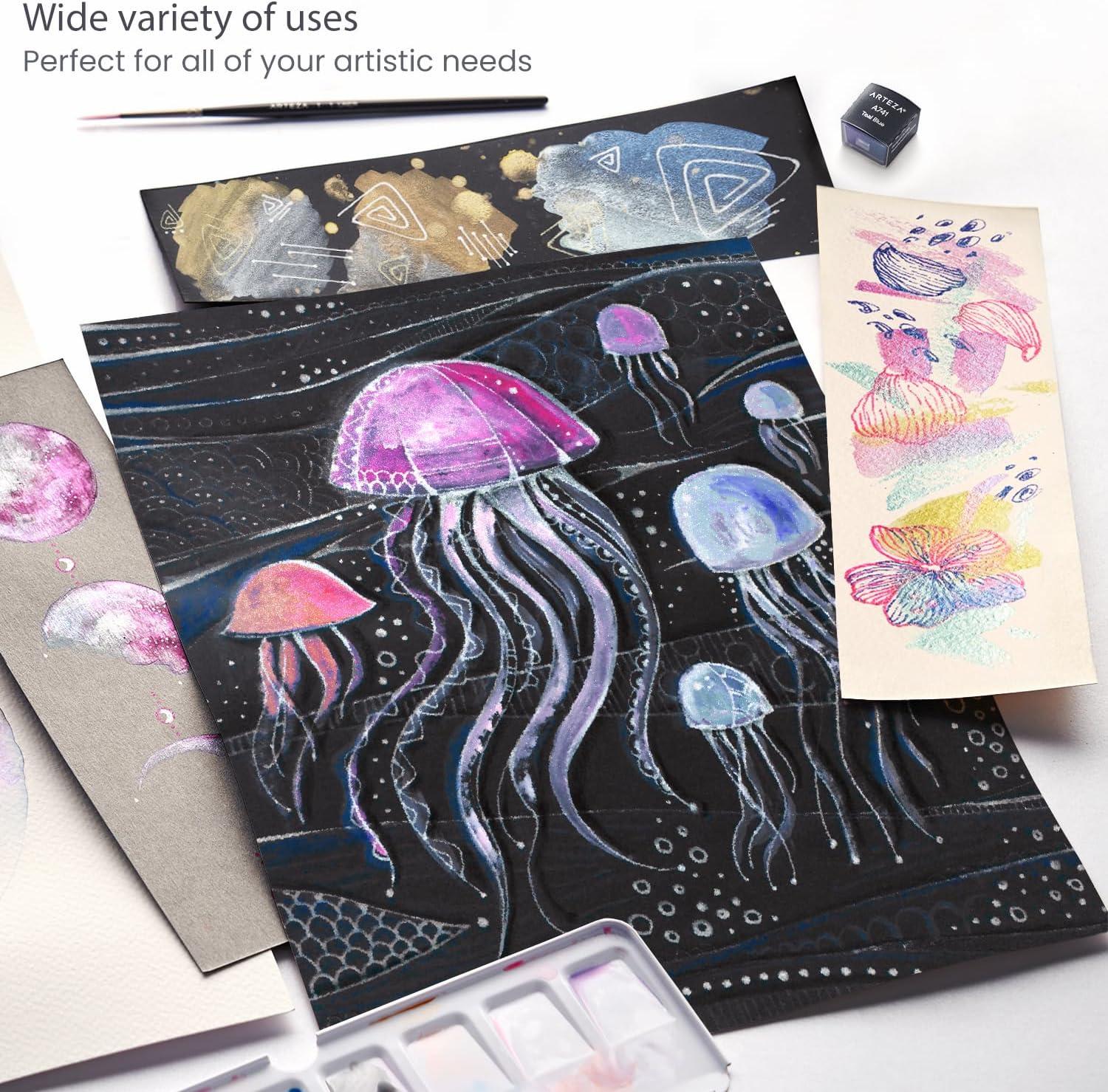 ARTEZA Metallic Watercolor Paint Set 24 Colors, Shimmering Watercolors in Half Pans with Water Brush Pen & Tin Box, Luminous, High-Pigment Paints for Paper & Mixed Media, Holiday Gift for Artists(Iridescent  Set of 12)