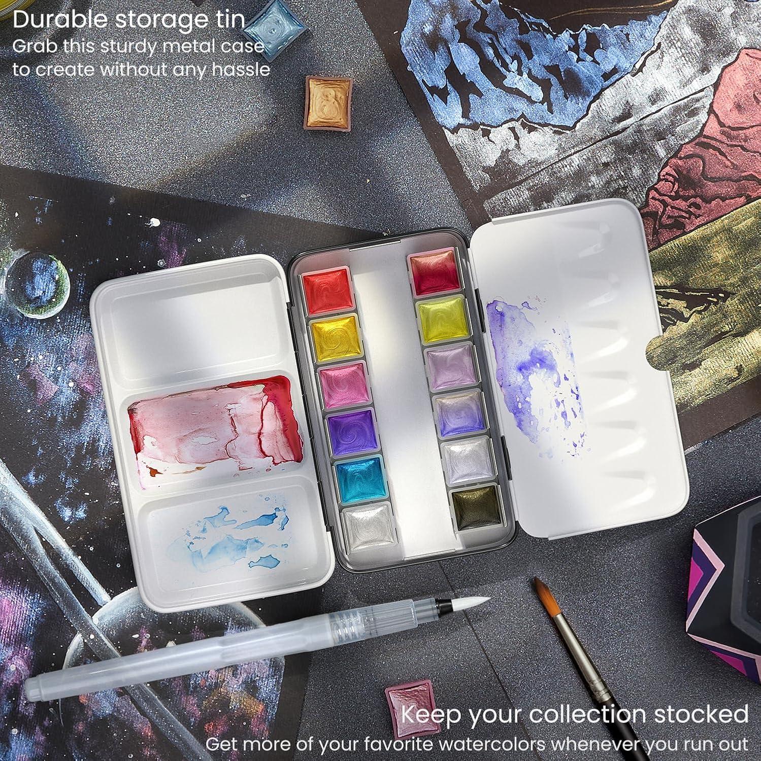 ARTEZA Metallic Watercolor Paint Set 24 Colors, Shimmering Watercolors in Half Pans with Water Brush Pen & Tin Box, Luminous, High-Pigment Paints for Paper & Mixed Media, Holiday Gift for Artists(Iridescent  Set of 12)