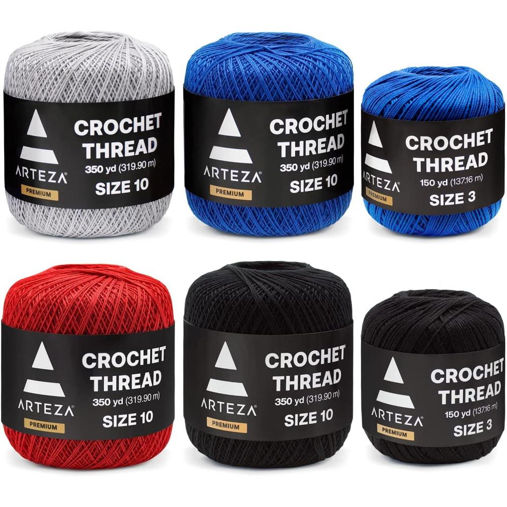 ARTEZA Crochet Thread Set of Black, Gray, Blue & Red of 100% Cotton Yarn for Crocheting, Mercerized, Soft and Colorful Knitting(Size 10 in Black  Gray  Blue & Red – Size 3 in Black & Blue)