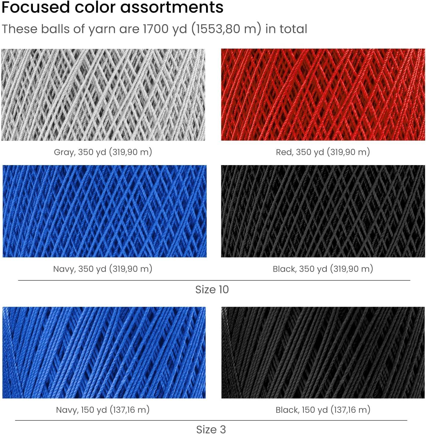 ARTEZA Crochet Thread Set of Black, Gray, Blue & Red of 100% Cotton Yarn for Crocheting, Mercerized, Soft and Colorful Knitting(Size 10 in Black  Gray  Blue & Red – Size 3 in Black & Blue)