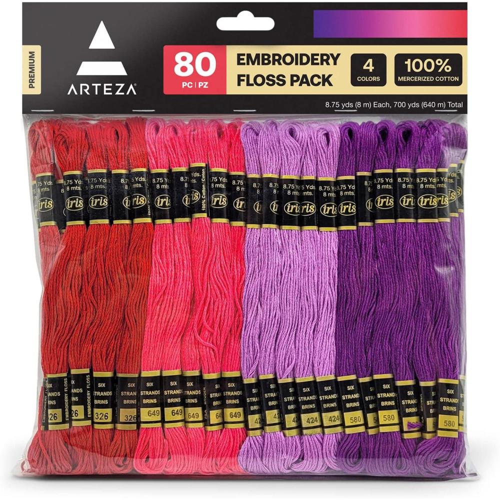 ARTEZA Embroidery Thread Pack, 80 Skeins, Royal Blue, Teal, Dark Blue, & Light Blue(Red)