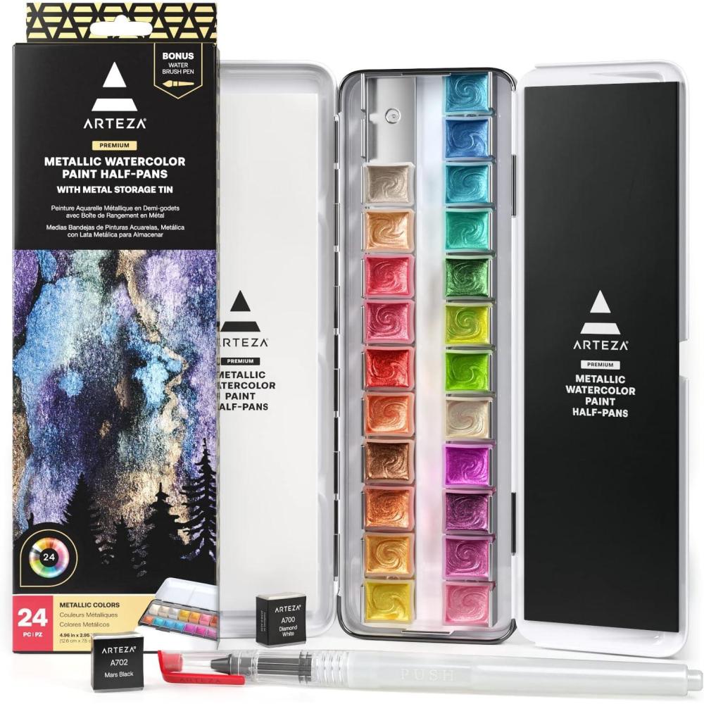 ARTEZA Metallic Watercolor Paint Set 24 Colors, Shimmering Watercolors in Half Pans with Water Brush Pen & Tin Box, Luminous, High-Pigment Paints for Paper & Mixed Media, Holiday Gift for Artists(Metallic Paints  Set of 24)