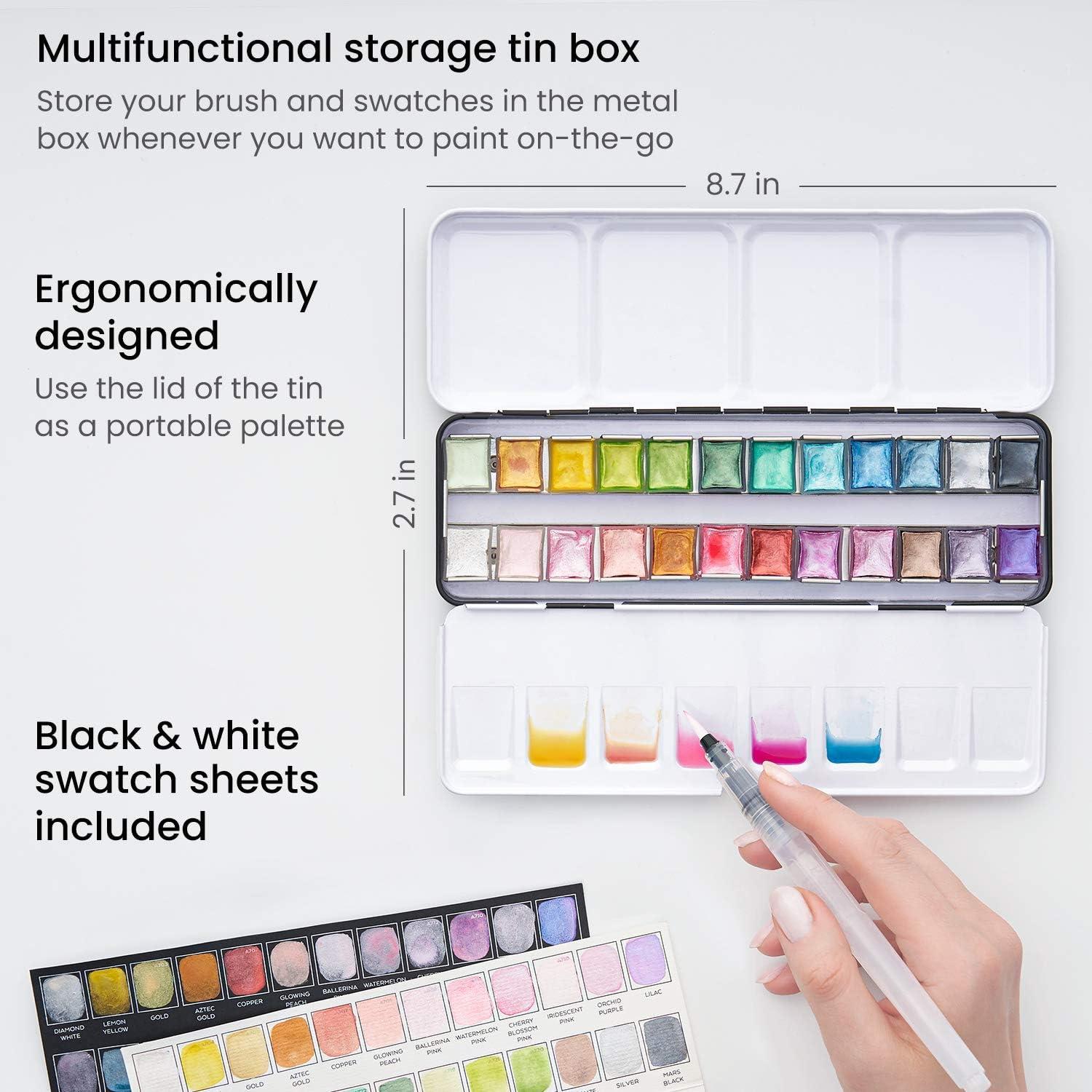 ARTEZA Metallic Watercolor Paint Set 24 Colors, Shimmering Watercolors in Half Pans with Water Brush Pen & Tin Box, Luminous, High-Pigment Paints for Paper & Mixed Media, Holiday Gift for Artists(Metallic Paints  Set of 24)