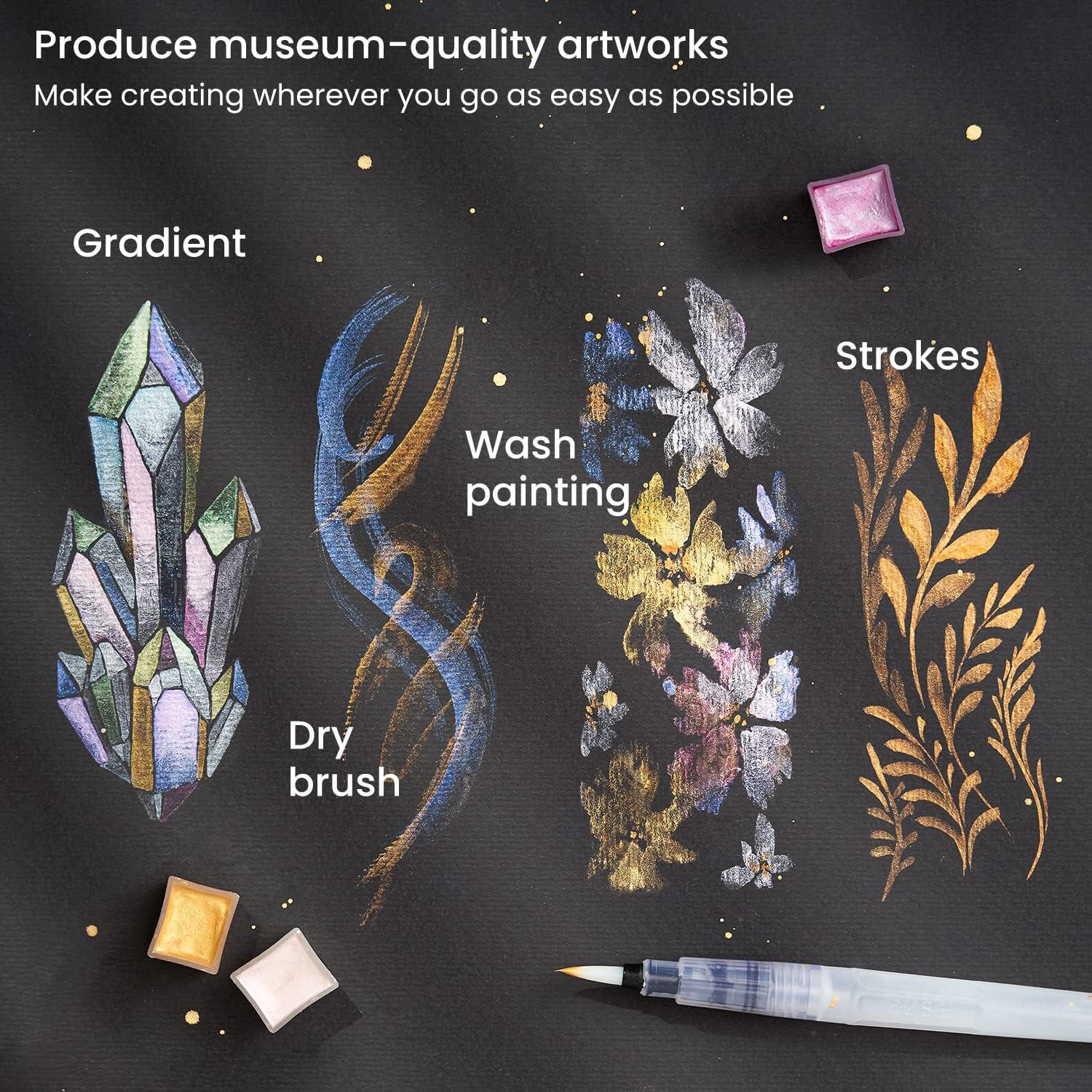 ARTEZA Metallic Watercolor Paint Set 24 Colors, Shimmering Watercolors in Half Pans with Water Brush Pen & Tin Box, Luminous, High-Pigment Paints for Paper & Mixed Media, Holiday Gift for Artists(Metallic Paints  Set of 24)