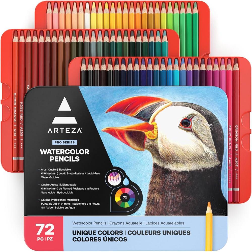 ARTEZA Watercolor Pencils Set of 72 Water-Soluble Colored Pencils for Blending, Layering, Painting, Lightfast Pigments with Soft Cores in Tin Case, Art Supplies for Adults, Artists, Holiday Gift Set(72)