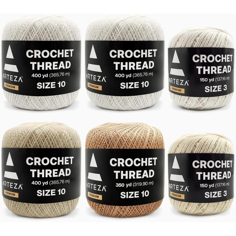 ARTEZA Crochet Thread Set of Black, Gray, Blue & Red of 100% Cotton Yarn for Crocheting, Mercerized, Soft and Colorful Knitting(Size 10 in White  Beige & Natural – Size 3 in White & Natural)