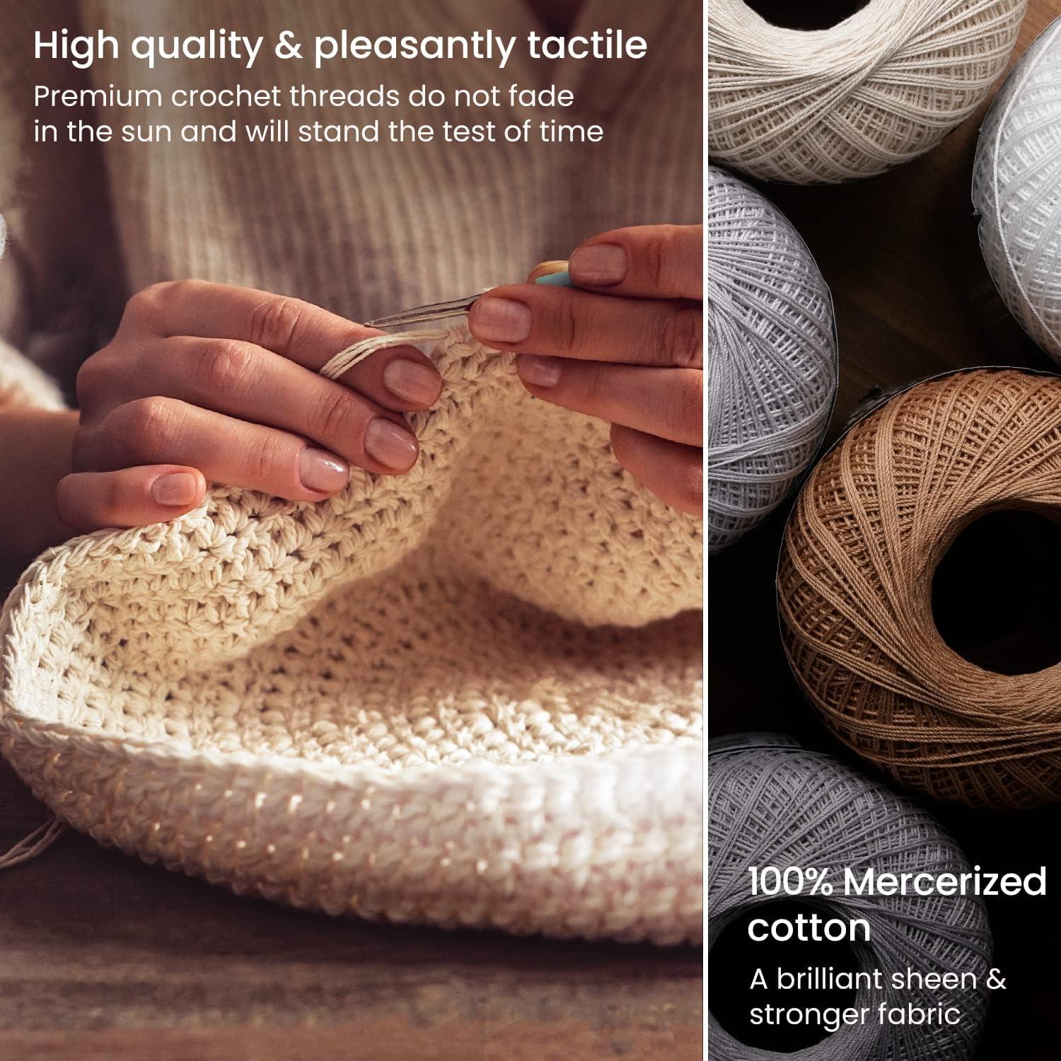 ARTEZA Crochet Thread Set of Black, Gray, Blue & Red of 100% Cotton Yarn for Crocheting, Mercerized, Soft and Colorful Knitting(Size 10 in White  Beige & Natural – Size 3 in White & Natural)