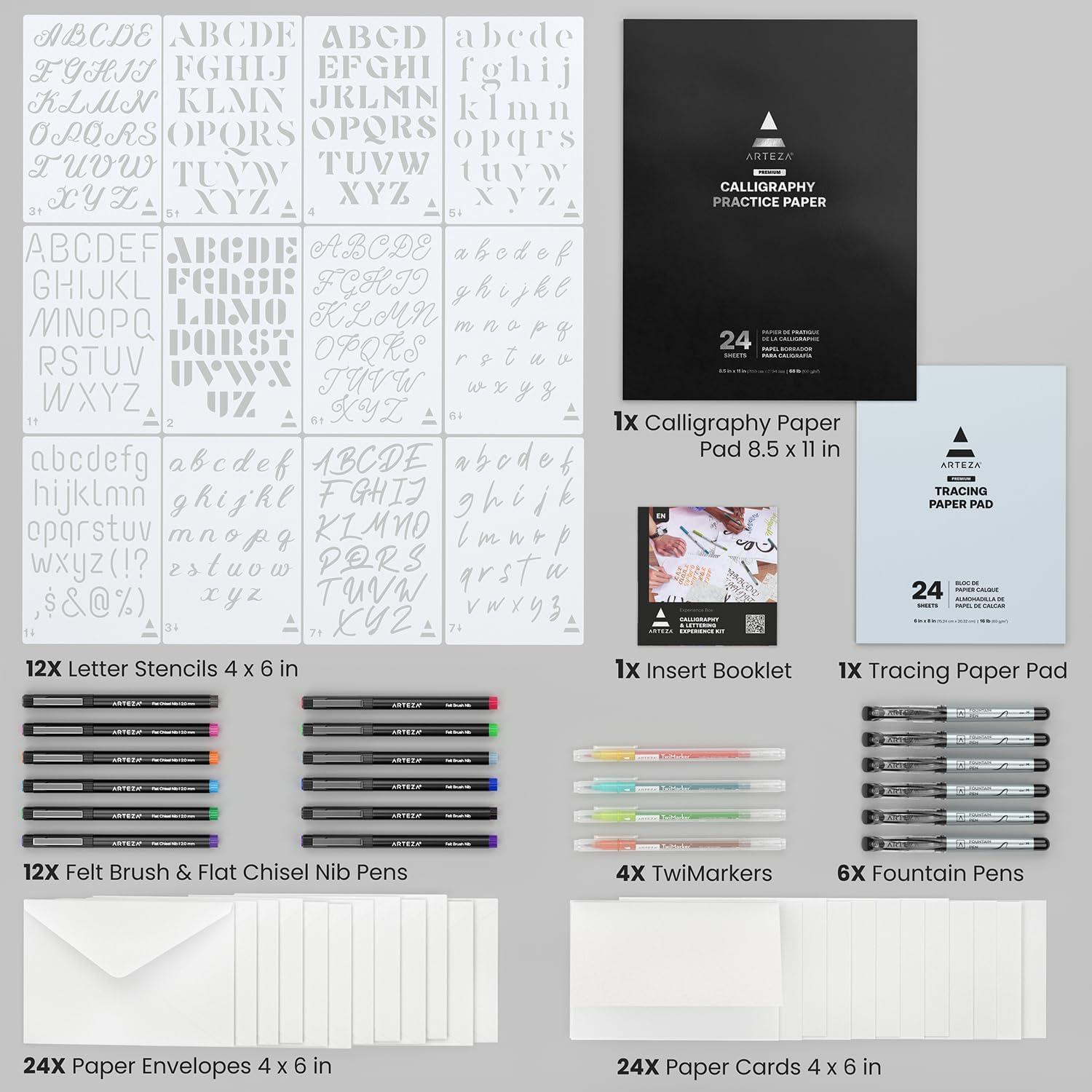 ARTEZA Calligraphy & Lettering Kit – Beginner Set with Alcohol Markers, Brush Pens, Paper & Tools for Hand Lettering, Drawing, and Adult Coloring