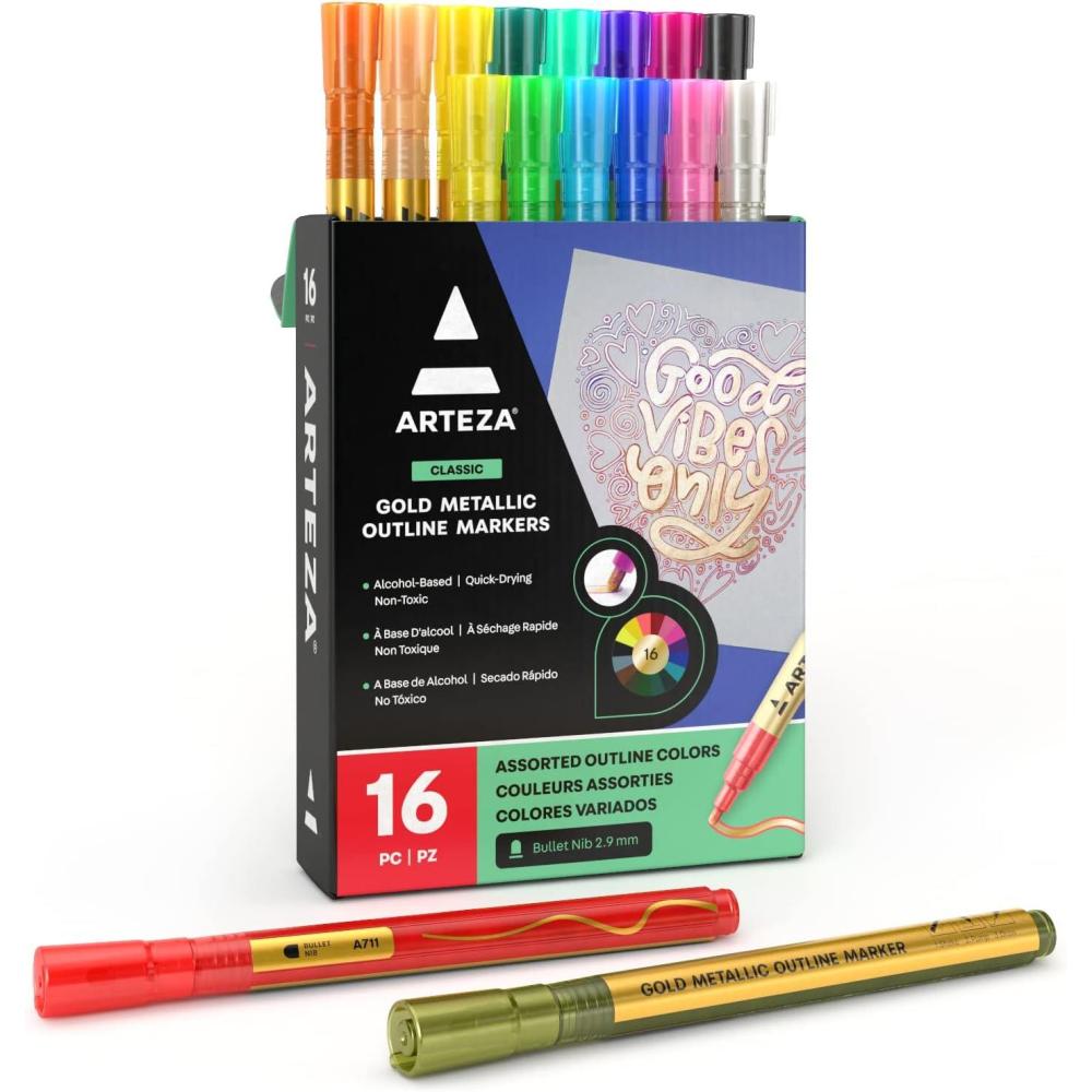 Arteza Double Outline Markers, 24 Colors, Silver Alcohol Markers, Create Metallic Lines with Vivid Color Outlines, Work on Cards, Paper, and Canvas(1 Count (Pack of 16))