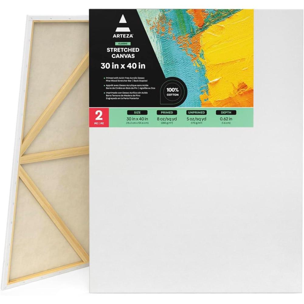 ARTEZA Stretched Canvas, 30 x 40 Inches, Pack of 2, Blank White Large Canvas for Painting for Acrylic, Oil and Gouache Paints