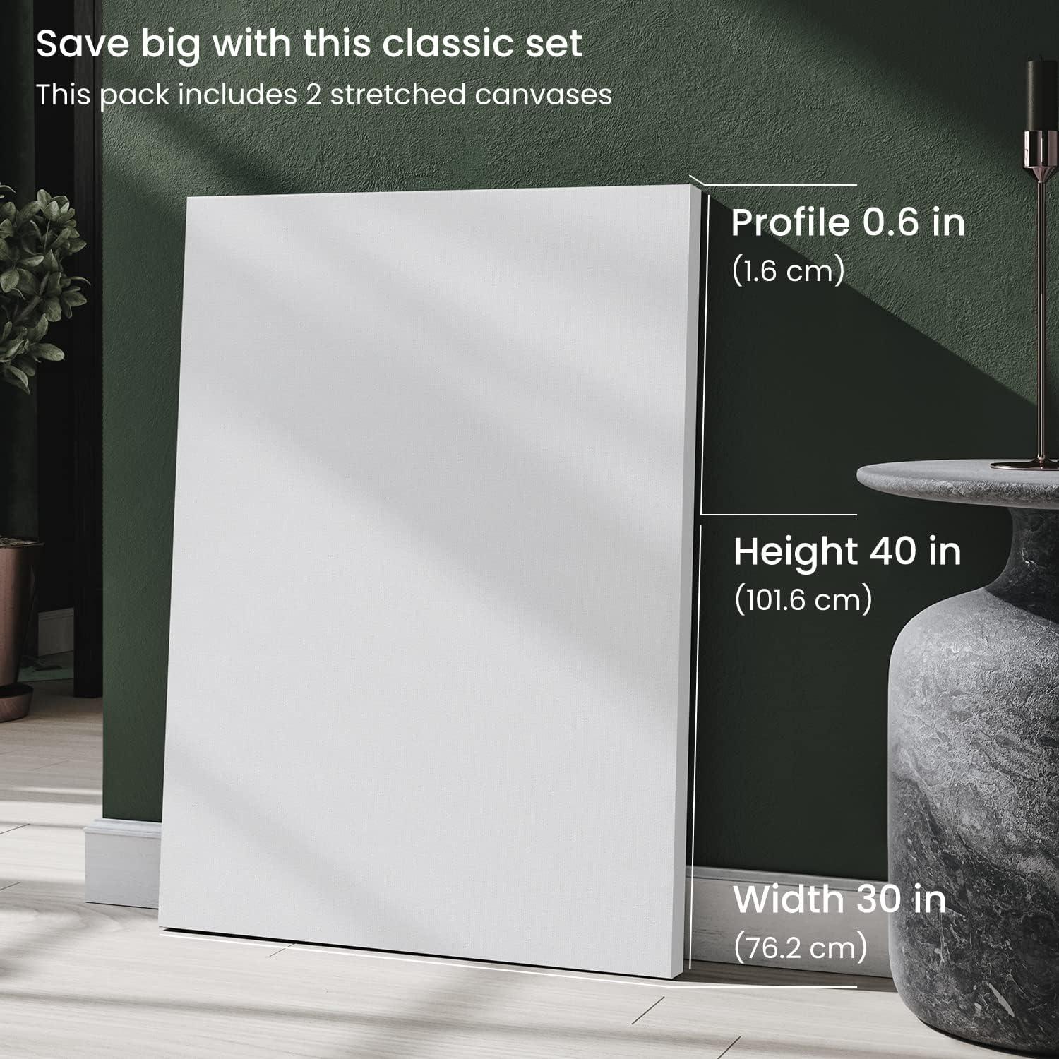 ARTEZA Stretched Canvas, 30 x 40 Inches, Pack of 2, Blank White Large Canvas for Painting for Acrylic, Oil and Gouache Paints