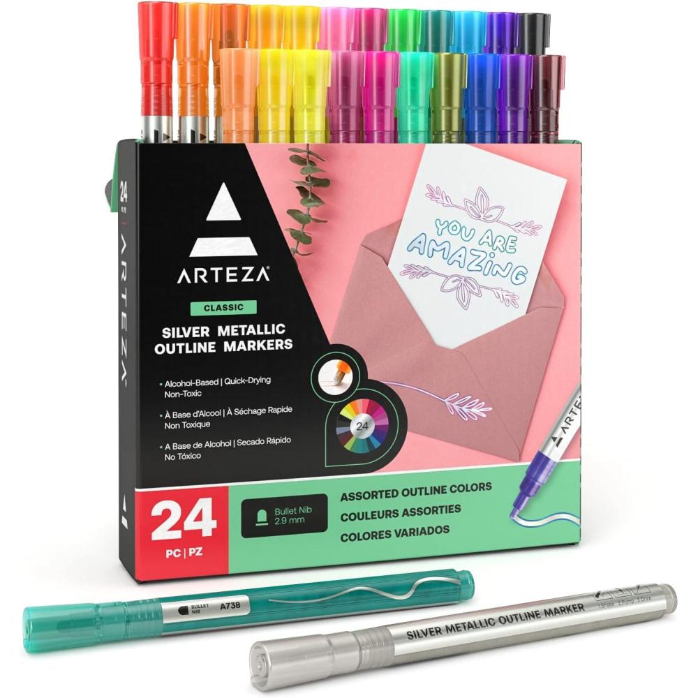 Arteza Double Outline Markers, 24 Colors, Silver Alcohol Markers, Create Metallic Lines with Vivid Color Outlines, Work on Cards, Paper, and Canvas(1 Count (Pack of 24))