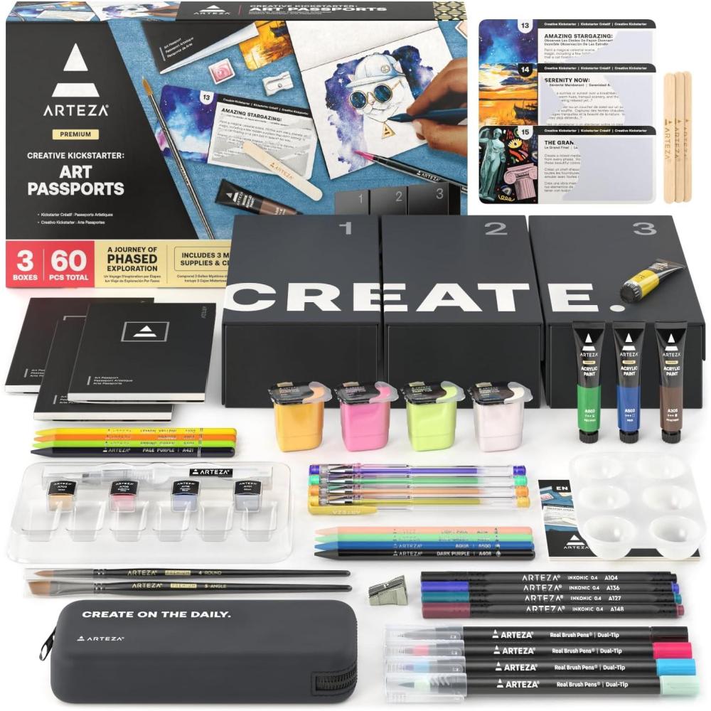 ARTEZA Creative Kickstarter: Art Exploration Set – Passports with Gel Pens, Watercolors, Acrylic Paints, Brushes, and More, Phased Art Journey, 60 pcs