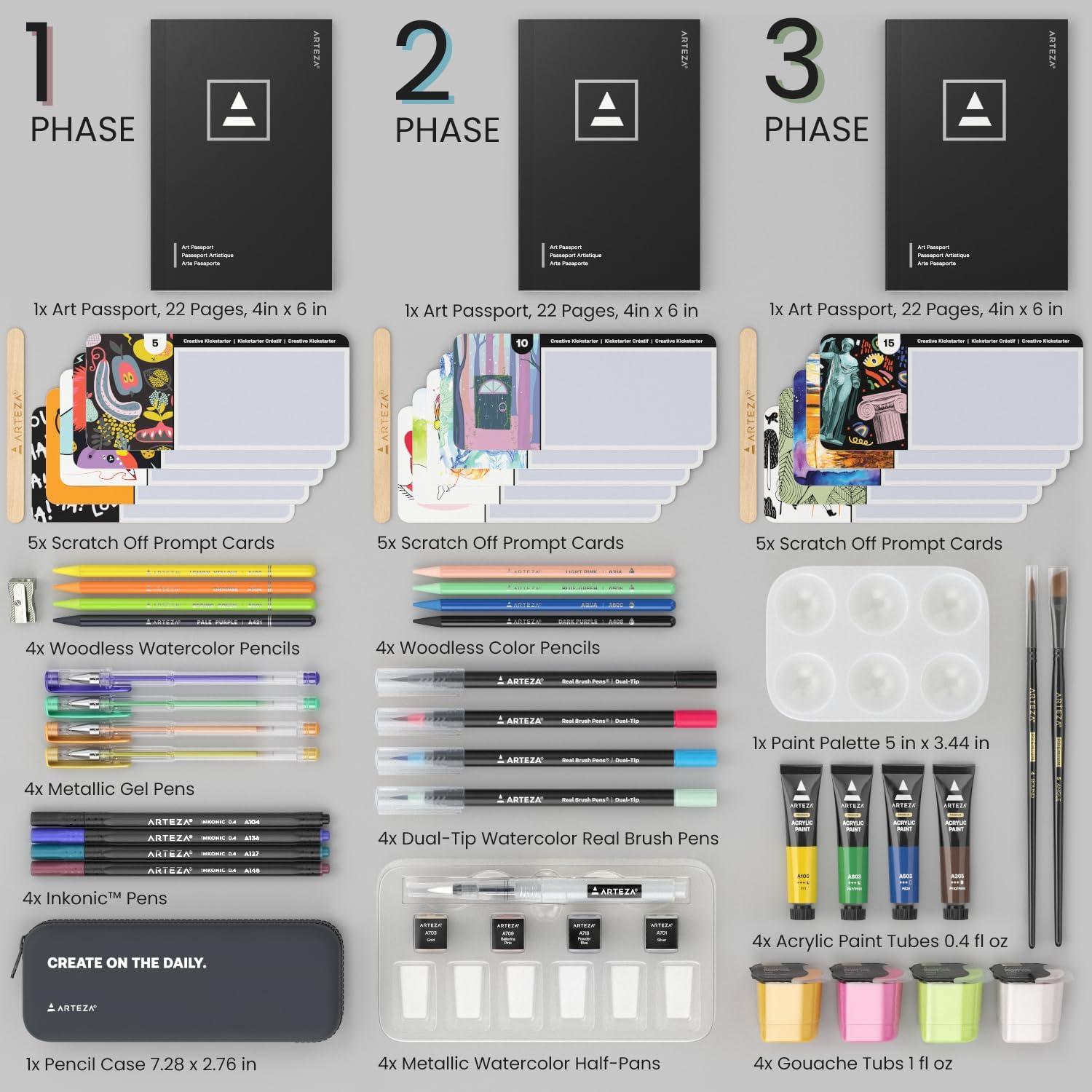 ARTEZA Creative Kickstarter: Art Exploration Set – Passports with Gel Pens, Watercolors, Acrylic Paints, Brushes, and More, Phased Art Journey, 60 pcs