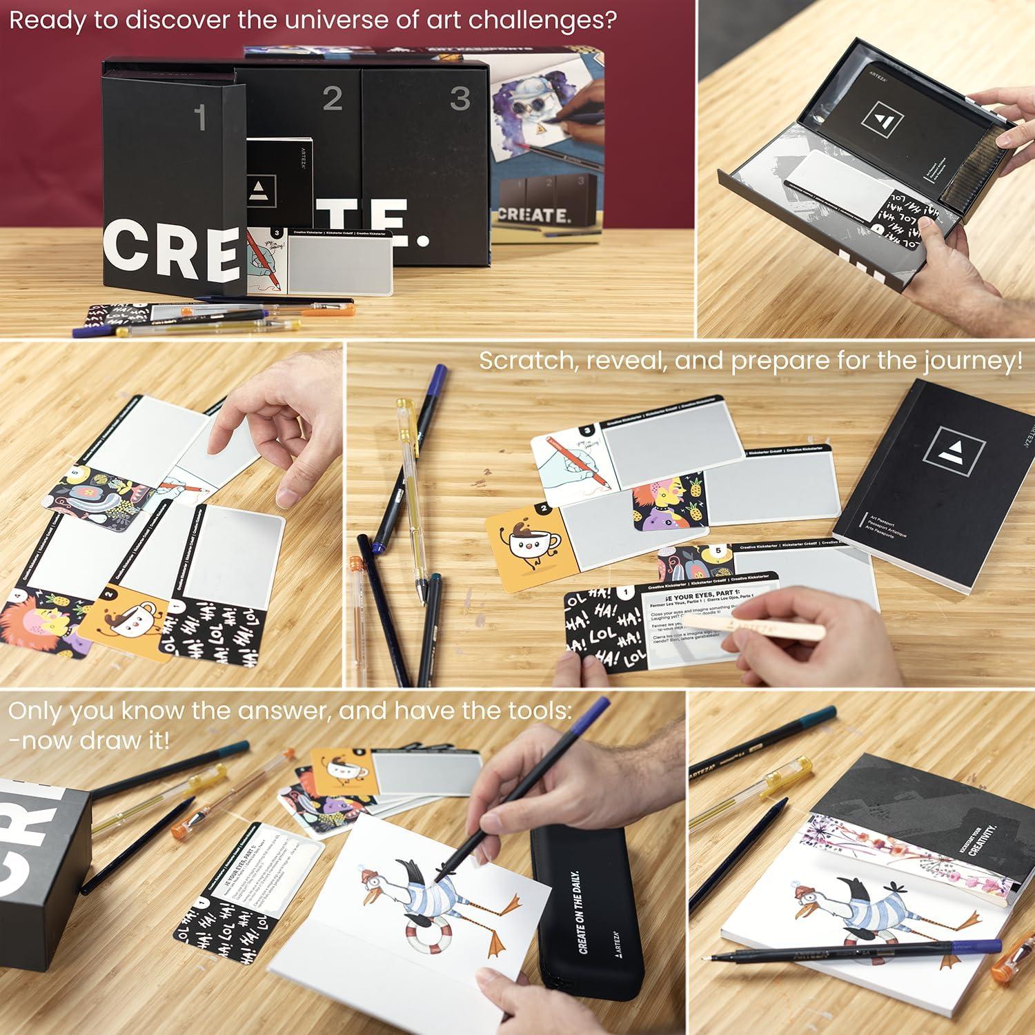 ARTEZA Creative Kickstarter: Art Exploration Set – Passports with Gel Pens, Watercolors, Acrylic Paints, Brushes, and More, Phased Art Journey, 60 pcs