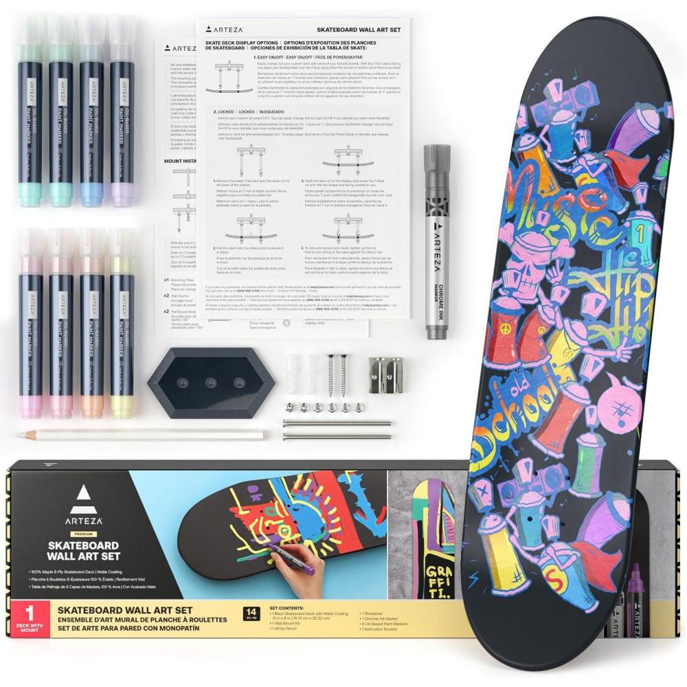 ARTEZA Customizable Skateboard Deck Art Kit – 31″x8″ Matte Coated Maple Deck with Display Mount, Chrome Marker, White Pencil, Oil-Based Paint Markers & More