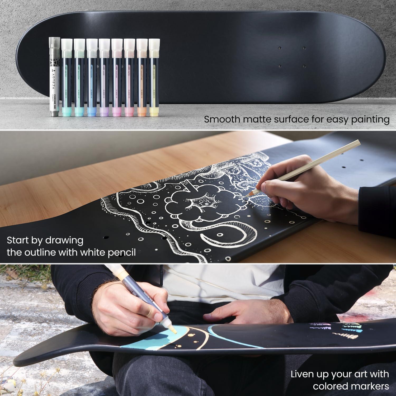 ARTEZA Customizable Skateboard Deck Art Kit – 31″x8″ Matte Coated Maple Deck with Display Mount, Chrome Marker, White Pencil, Oil-Based Paint Markers & More
