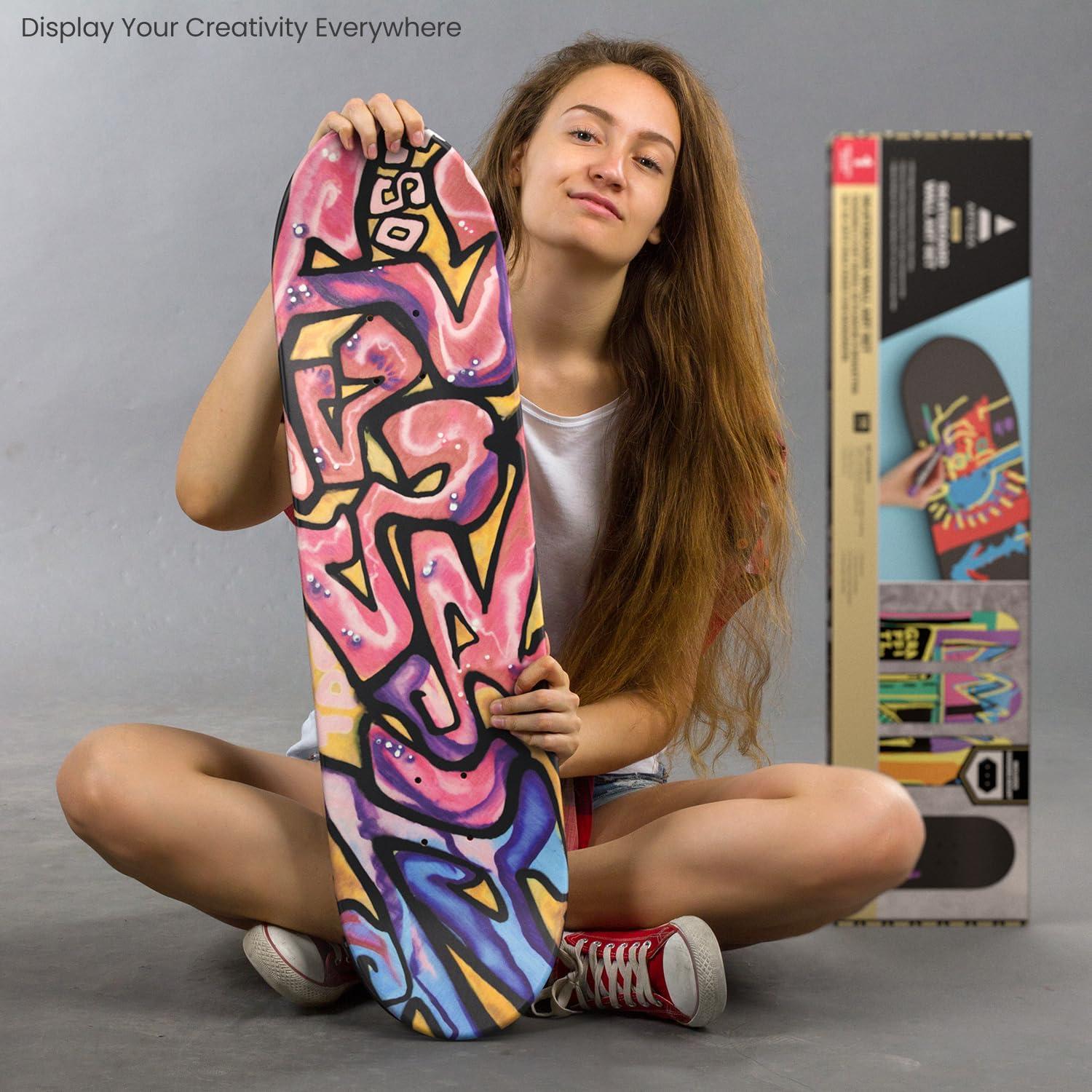 ARTEZA Customizable Skateboard Deck Art Kit – 31″x8″ Matte Coated Maple Deck with Display Mount, Chrome Marker, White Pencil, Oil-Based Paint Markers & More