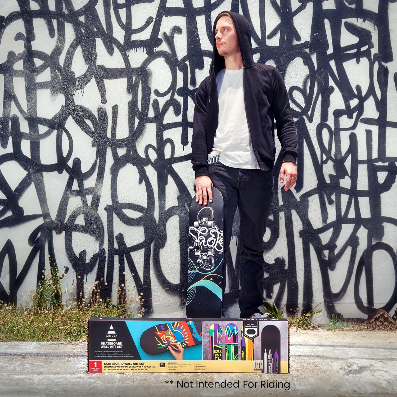 ARTEZA Customizable Skateboard Deck Art Kit – 31″x8″ Matte Coated Maple Deck with Display Mount, Chrome Marker, White Pencil, Oil-Based Paint Markers & More
