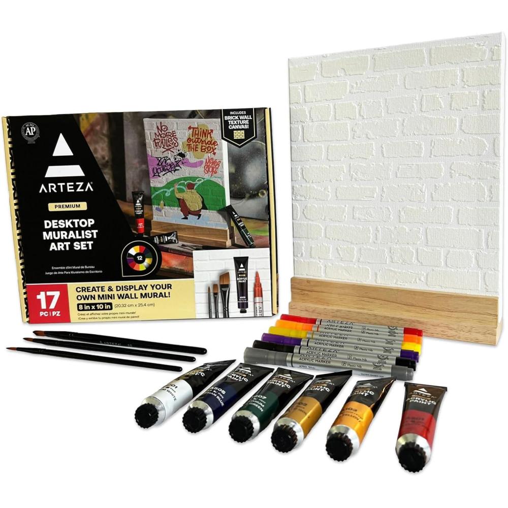 ARTEZA Desktop Muralist Art Set, 17-Piece Graffiti Painting Kit with Brick Canvas, Acrylic Paint, Markers & Brushes, Art Gift for Teens & Adults