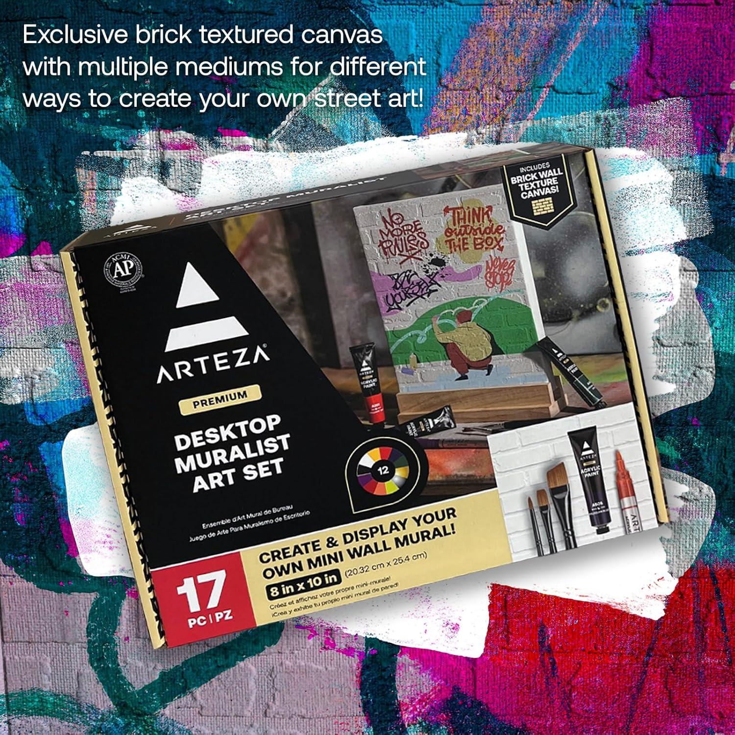 ARTEZA Desktop Muralist Art Set, 17-Piece Graffiti Painting Kit with Brick Canvas, Acrylic Paint, Markers & Brushes, Art Gift for Teens & Adults